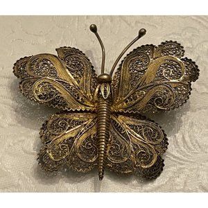 Gold Vermeil Sterling 925 Topazio Cannetille Moth Brooch Butterfly Filigree